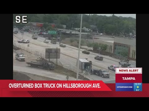 Overturned box truck on Hillsborough Avenue near I-275 in Tampa